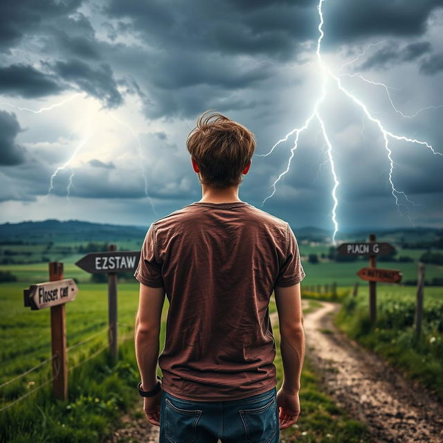 A young man standing with his back to the viewer at a country crossroad, gazing out over the scenic landscape