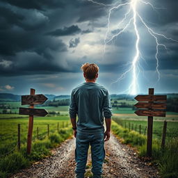A young man standing with his back to the viewer at a country crossroad, gazing out over the scenic landscape