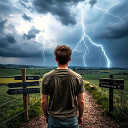 A young man standing with his back to the viewer at a country crossroad, gazing out over the scenic landscape