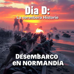 A dramatic portrayal of the D-Day landings at Normandy, showcasing soldiers storming the beaches, with their landing crafts in the foreground and the chaos of battle unfolding in the background