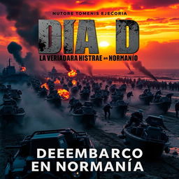 A dramatic portrayal of the D-Day landings at Normandy, showcasing soldiers storming the beaches, with their landing crafts in the foreground and the chaos of battle unfolding in the background