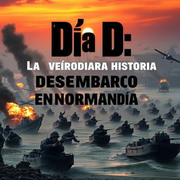 A dramatic portrayal of the D-Day landings at Normandy, showcasing soldiers storming the beaches, with their landing crafts in the foreground and the chaos of battle unfolding in the background