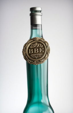 A beautifully designed badge and a stylish bottle, the badge featuring intricate engravings and a glossy finish, while the bottle has a sleek, modern design, possibly made of glass or premium stainless steel