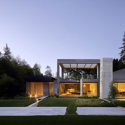 A modern exterior design of a house, showcasing clean lines, geometric shapes, and mix of materials like glass, steel, and concrete, in a serene, landscaped setting