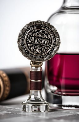 A beautifully designed badge and a stylish bottle, the badge featuring intricate engravings and a glossy finish, while the bottle has a sleek, modern design, possibly made of glass or premium stainless steel