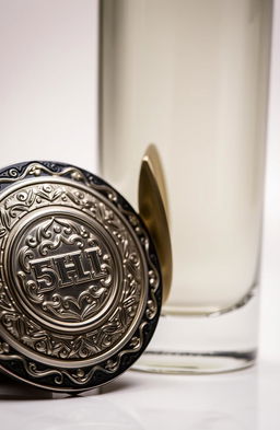 A beautifully designed badge and a stylish bottle, the badge featuring intricate engravings and a glossy finish, while the bottle has a sleek, modern design, possibly made of glass or premium stainless steel