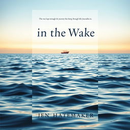 A book cover design for 'In the Wake' by Jen Hatmaker, featuring a tranquil yet thought-provoking background depicting rippling water under a serene sky, symbolizing reflection and emotional depth
