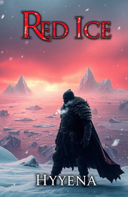 The cover of a grimdark fantasy novel titled 'Red Ice', featuring a vast frozen continent covered in icy landscapes