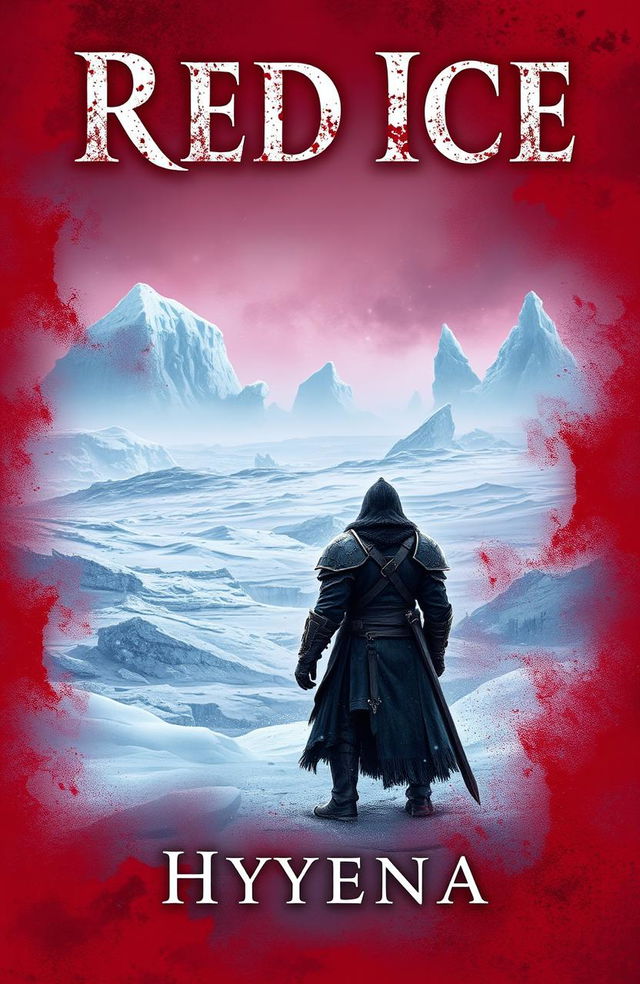 The cover of a grimdark fantasy novel titled 'Red Ice', featuring a vast frozen continent covered in icy landscapes