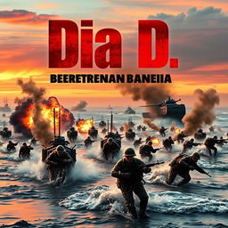 A dramatic horizontal portrayal of the D-Day landings at Normandy, emphasizing soldiers storming the beaches