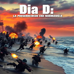 A dramatic horizontal portrayal of the D-Day landings at Normandy, emphasizing soldiers storming the beaches