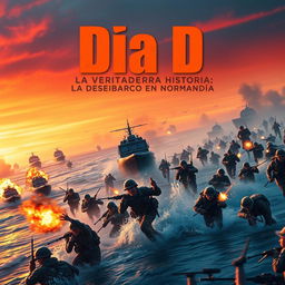 A dramatic horizontal portrayal of the D-Day landings at Normandy, emphasizing soldiers storming the beaches