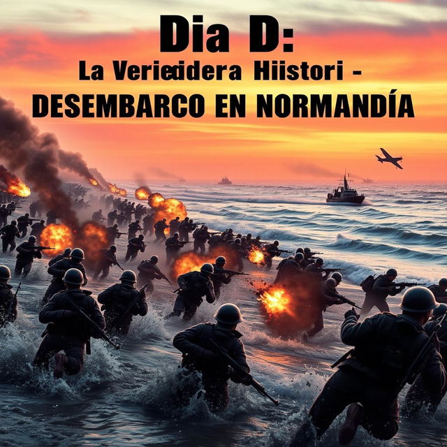 A dramatic horizontal portrayal of the D-Day landings at Normandy, emphasizing soldiers storming the beaches