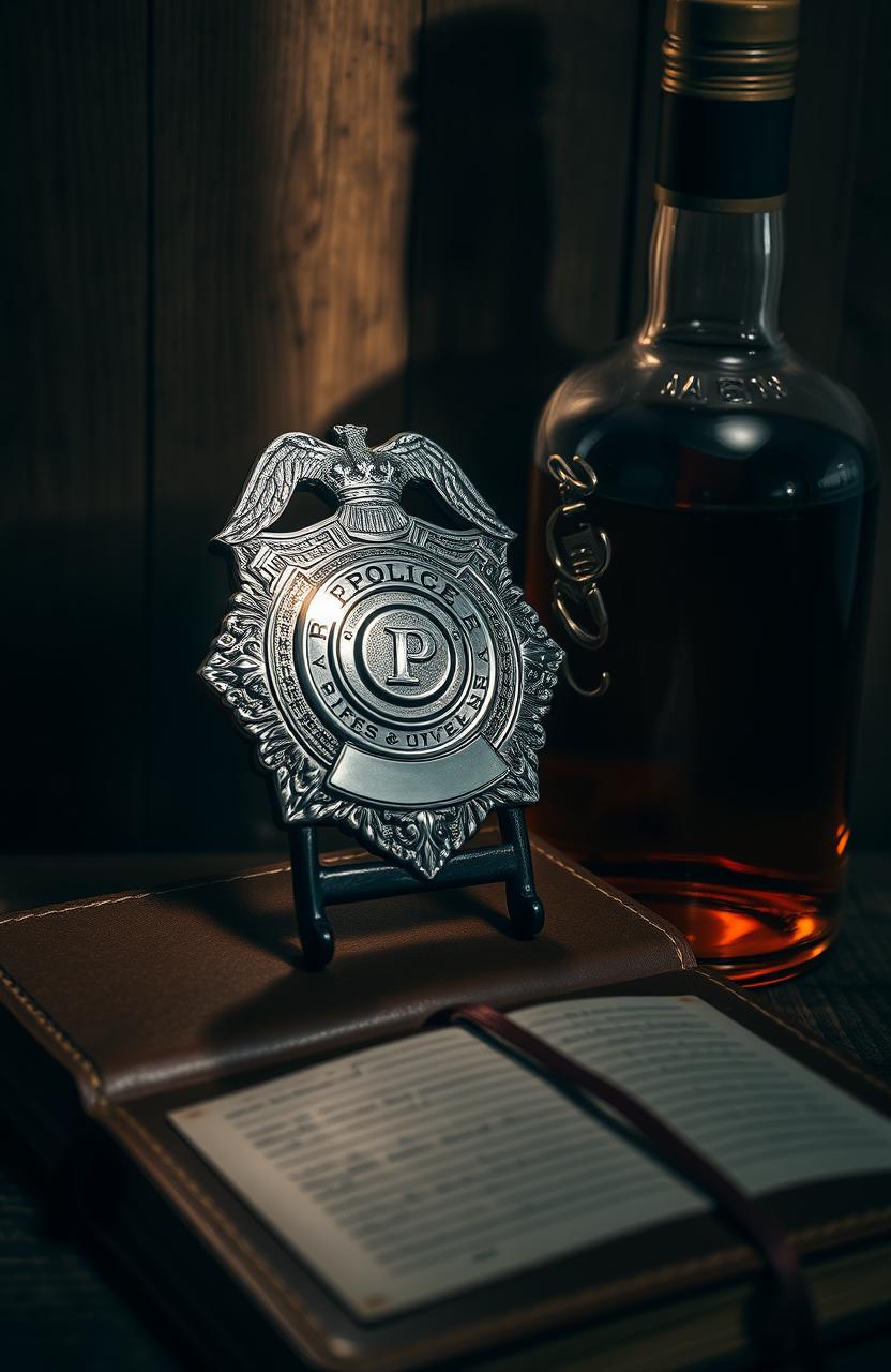 A police badge gleaming with intricate details and a shiny metallic surface, placed next to a vintage liquor bottle with a dark amber color