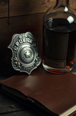 A police badge gleaming with intricate details and a shiny metallic surface, placed next to a vintage liquor bottle with a dark amber color