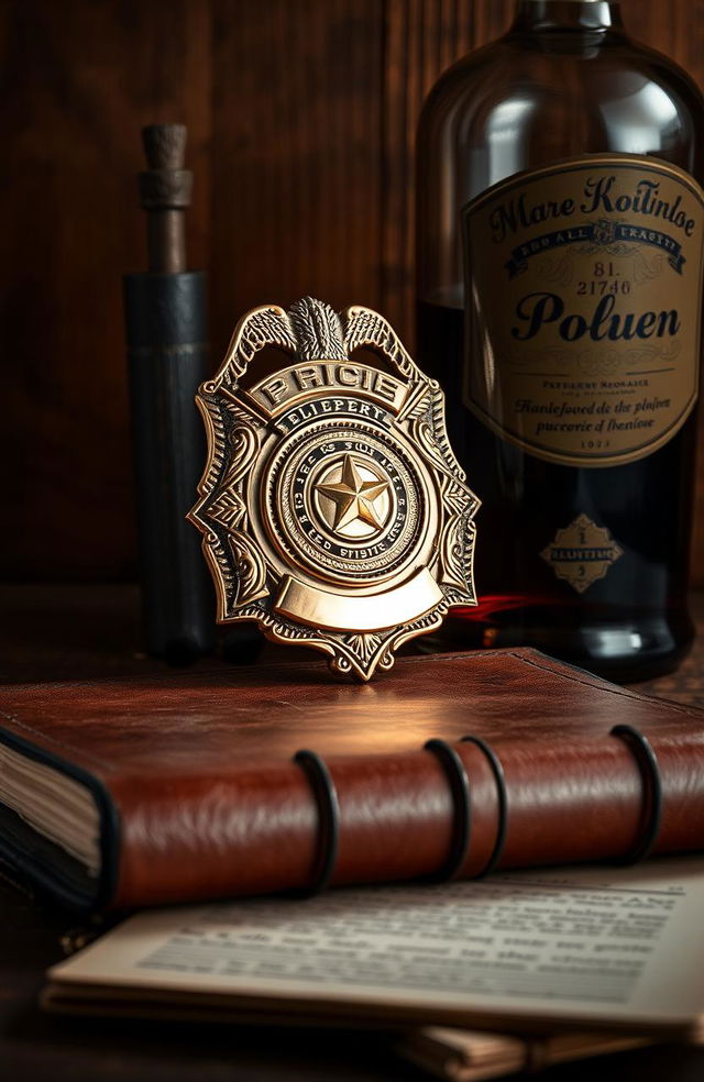 A police badge gleaming with intricate details and a shiny metallic surface, placed next to a vintage liquor bottle with a dark amber color