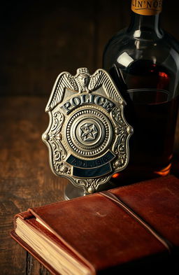 A police badge gleaming with intricate details and a shiny metallic surface, placed next to a vintage liquor bottle with a dark amber color