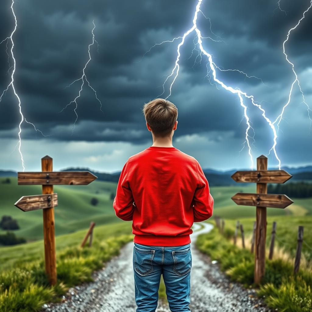 A young man with short brown hair, wearing a bright red sweatshirt and blue jeans, stands with his back to the viewer at a country crossroad