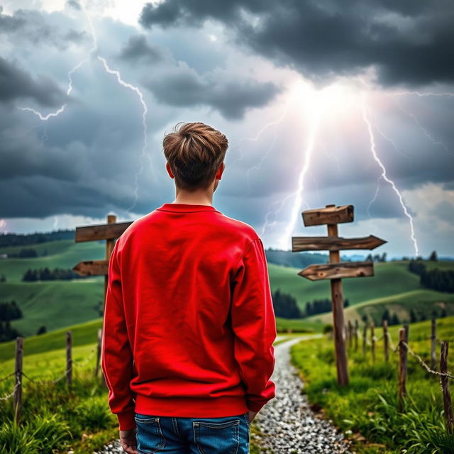 A young man with short brown hair, wearing a bright red sweatshirt and blue jeans, stands with his back to the viewer at a country crossroad