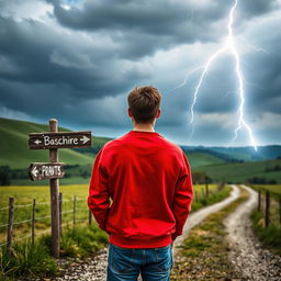 A young man with short brown hair, wearing a bright red sweatshirt and blue jeans, stands with his back to the viewer at a country crossroad