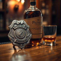 A police badge displayed prominently with intricate details, its metallic surface reflecting light, alongside an elegant liquor bottle with a deep amber hue and vintage label