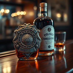 A police badge displayed prominently with intricate details, its metallic surface reflecting light, alongside an elegant liquor bottle with a deep amber hue and vintage label