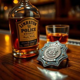 A police badge displayed prominently with intricate details, its metallic surface reflecting light, alongside an elegant liquor bottle with a deep amber hue and vintage label