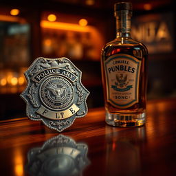 A police badge displayed prominently with intricate details, its metallic surface reflecting light, alongside an elegant liquor bottle with a deep amber hue and vintage label