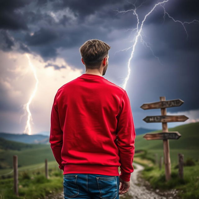 A man in his 30s with short brown hair, wearing a vibrant red sweatshirt and blue jeans, stands with his back facing the viewer at a country crossroad