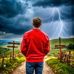 A man in his 30s with short brown hair, wearing a vibrant red sweatshirt and blue jeans, stands with his back facing the viewer at a country crossroad