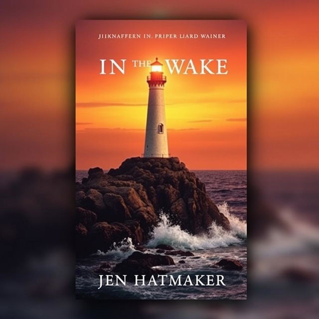 A book cover design for 'In the Wake' by Jen Hatmaker, featuring a striking lighthouse standing tall on a rocky cliff, illuminated by the warm glow of sunset