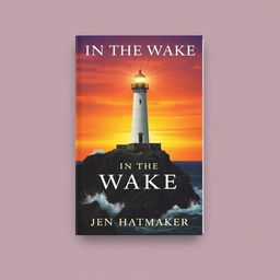 A book cover design for 'In the Wake' by Jen Hatmaker, featuring a striking lighthouse standing tall on a rocky cliff, illuminated by the warm glow of sunset