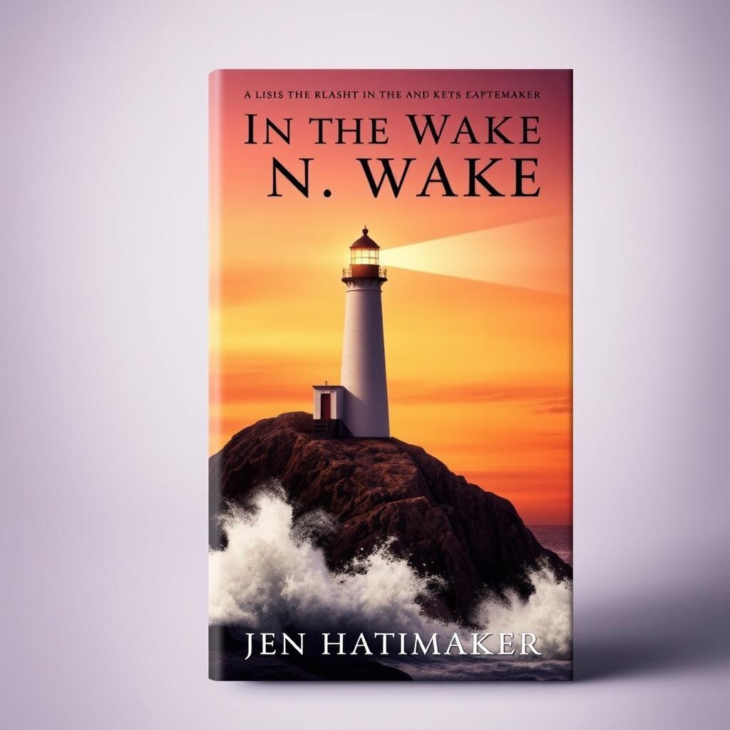 A book cover design for 'In the Wake' by Jen Hatmaker, featuring a striking lighthouse standing tall on a rocky cliff, illuminated by the warm glow of sunset