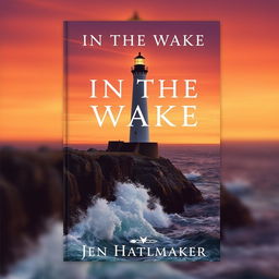 A book cover design for 'In the Wake' by Jen Hatmaker, featuring a striking lighthouse standing tall on a rocky cliff, illuminated by the warm glow of sunset