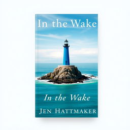 A book cover design for 'In the Wake' by Jen Hatmaker, prominently featuring a striking blue lighthouse set against a soothing blue and turquoise ocean