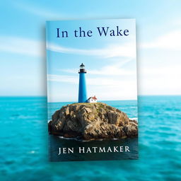 A book cover design for 'In the Wake' by Jen Hatmaker, prominently featuring a striking blue lighthouse set against a soothing blue and turquoise ocean