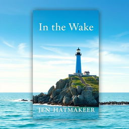 A book cover design for 'In the Wake' by Jen Hatmaker, prominently featuring a striking blue lighthouse set against a soothing blue and turquoise ocean