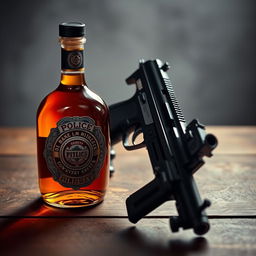 A polished police badge featuring intricate designs, a sleek liquor bottle with rich amber liquid, and a service weapon displayed together as a cohesive arrangement