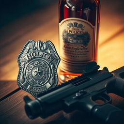A polished police badge featuring intricate designs, a sleek liquor bottle with rich amber liquid, and a service weapon displayed together as a cohesive arrangement
