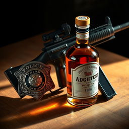 A polished police badge featuring intricate designs, a sleek liquor bottle with rich amber liquid, and a service weapon displayed together as a cohesive arrangement