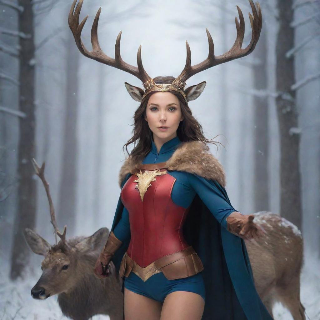 Anime style image of a unique female superhero with deer and moose antlers atop her head, she wields a magical wand as her weapon. She is accompanied by her superpower animal, a majestic deer, aiding her in her heroic deeds