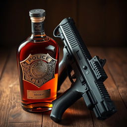 A polished police badge featuring intricate designs, a sleek liquor bottle with rich amber liquid, and a service weapon displayed together as a cohesive arrangement