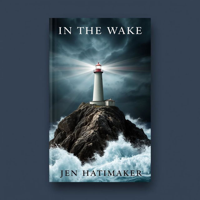 A dramatic book cover design for 'In the Wake' by Jen Hatmaker, featuring a powerful lighthouse standing resiliently on a rocky cliff during a fierce storm