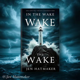 A dramatic book cover design for 'In the Wake' by Jen Hatmaker, featuring a powerful lighthouse standing resiliently on a rocky cliff during a fierce storm