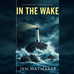 A dramatic book cover design for 'In the Wake' by Jen Hatmaker, featuring a powerful lighthouse standing resiliently on a rocky cliff during a fierce storm