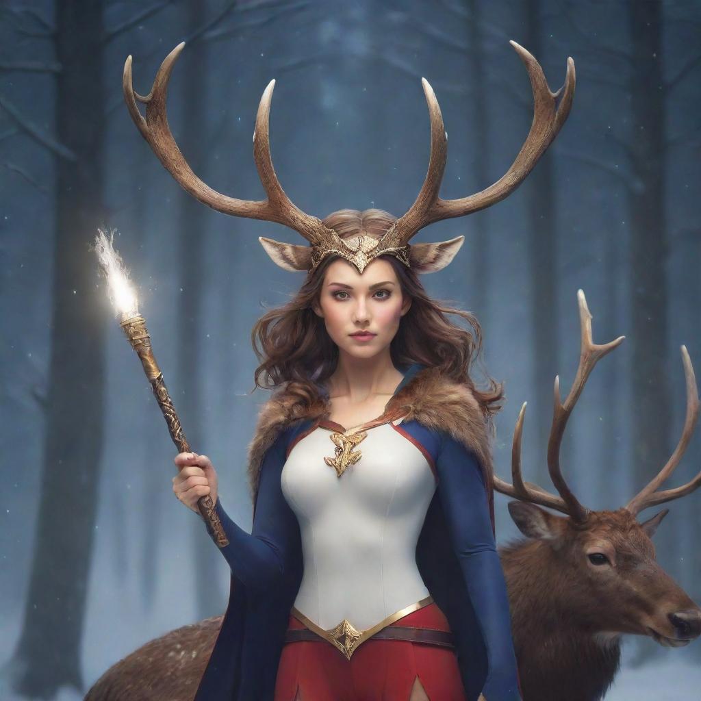 Anime style image of a unique female superhero with deer and moose antlers atop her head, she wields a magical wand as her weapon. She is accompanied by her superpower animal, a majestic deer, aiding her in her heroic deeds