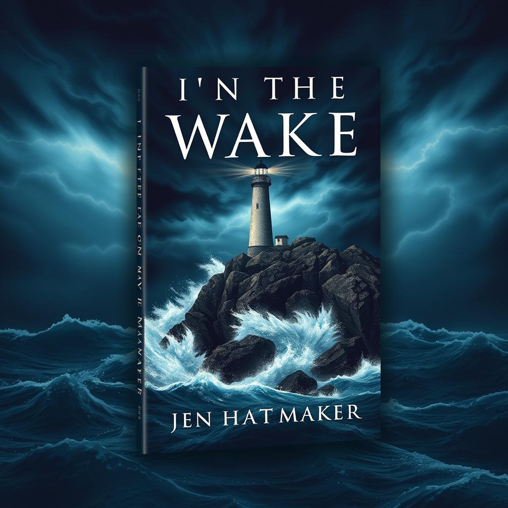 A dramatic book cover design for 'In the Wake' by Jen Hatmaker, featuring a powerful lighthouse standing resiliently on a rocky cliff during a fierce storm