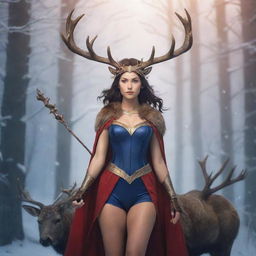 Anime style image of a unique female superhero with deer and moose antlers atop her head, she wields a magical wand as her weapon. She is accompanied by her superpower animal, a majestic deer, aiding her in her heroic deeds