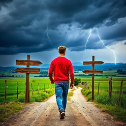A man in his thirties with short brown hair, wearing a bright red sweatshirt and blue jeans, walks with his back facing the viewer at a country crossroad