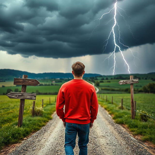 A man in his thirties with short brown hair, wearing a bright red sweatshirt and blue jeans, walks with his back facing the viewer at a country crossroad